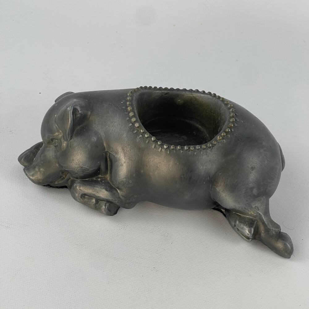 Vintage Pewter Sleeping Pig Oil Lamp Base Candle Holder 7” Petites Choses USA